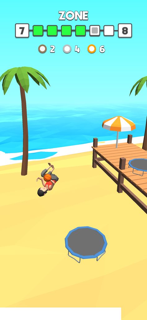 Flip Dunk - Un personnage effectuant une pirouette avec un ballon de basket sur une plage dans le jeu Flip Dunk