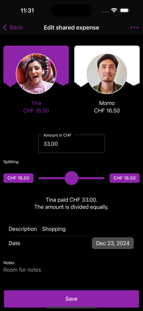 Couple-Budget - Interface pour modifier et diviser une dépense partagée entre deux personnes dans l'application Couple-Budget.