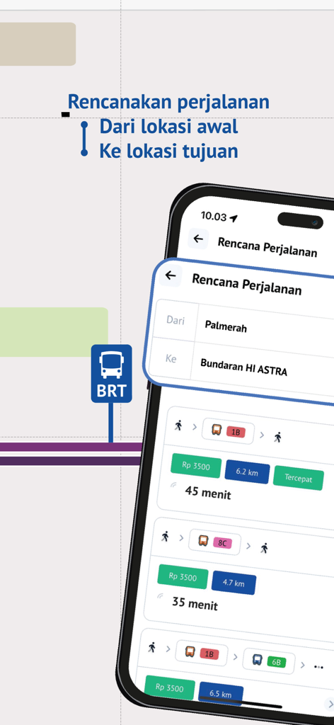 TJ:Transjakarta - Smartphone displaying the Transjakarta app trip planner with route options and travel times in Jakarta