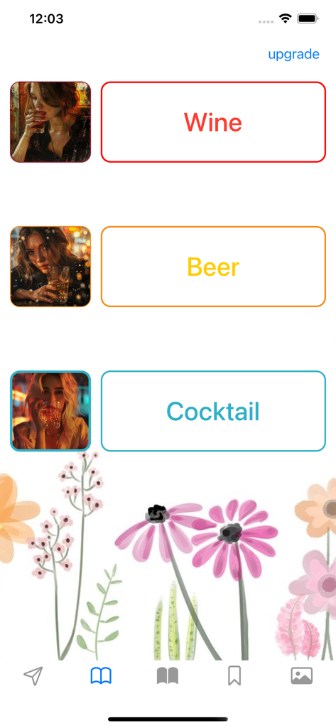 A tela inicial do aplicativo Wine Beer Cocktail Info com seleções de categoria para vinho, cerveja e cocktails.