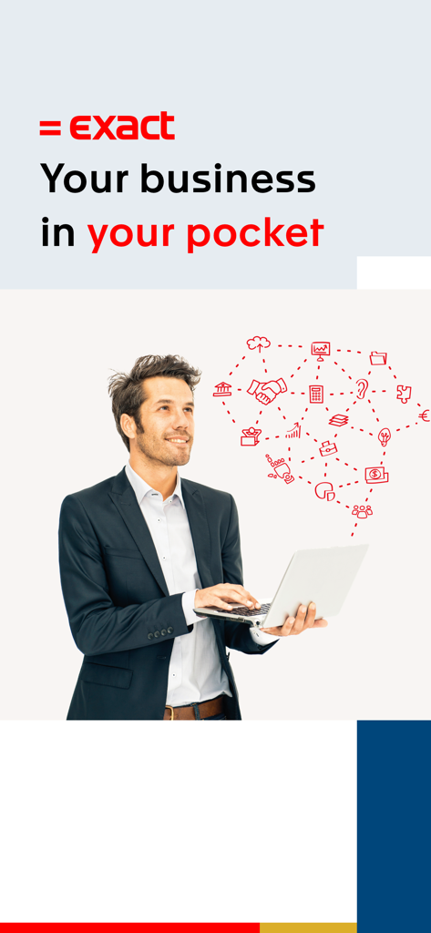 Exact Online - Un homme d'affaires utilisant un ordinateur portable avec des icônes d'entreprise et le slogan Votre entreprise dans votre poche pour l'application Exact Online