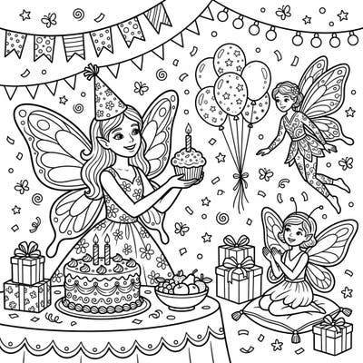 Unfold a whimsical celebration with our Butterfly Fairies Birthday Party coloring page. Join graceful fairies, cakes, and balloons for a magical coloring adventure.