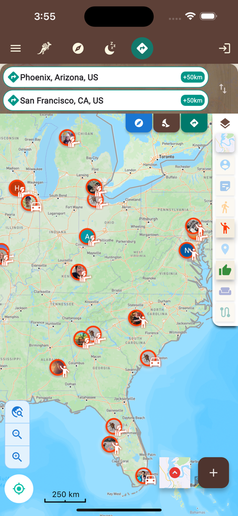Interfaz de mapa de la aplicación Trip Hopping mostrando ubicaciones de viajeros y modos de viaje en el este de Estados Unidos