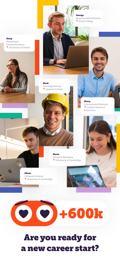 Joinrs - Job & Career - A group of diverse university students and junior profiles from top institutions using the Joinrs app for their career start.