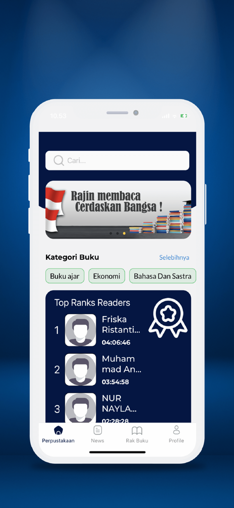 SIGITA. - SIGITA digital library app home screen featuring book categories and reader leaderboard