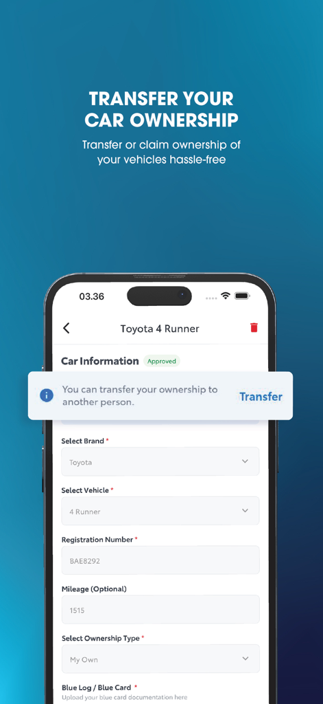 NBT Mobility - NBT Mobility app interface for transferring car ownership of a Toyota vehicle