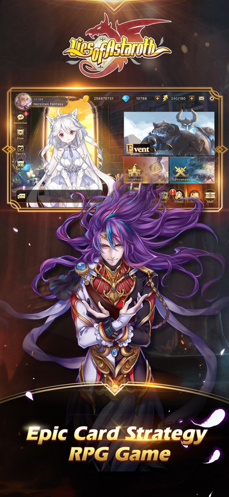 Lies of Astaroth game screen featuring fantasy characters and card battle interface