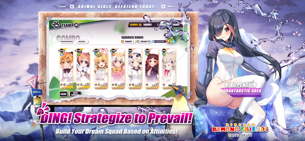 Team selection screen in Kemono Friends Kingdom featuring King Penguin and various animal girl characters.