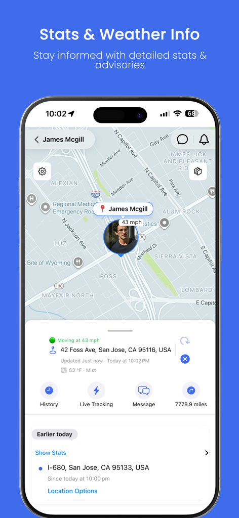 Real-time family locator map showing location speed and weather updates