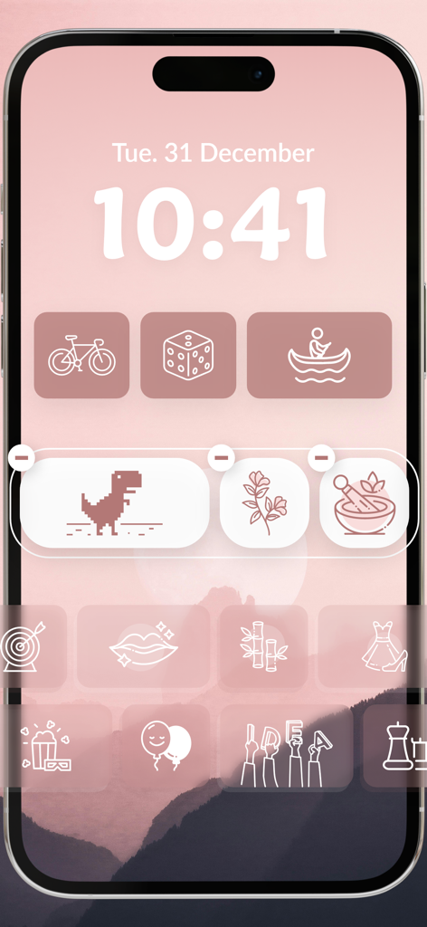 Icon, Widgets & Themes - A soft pink iPhone lock screen featuring aesthetic line art widgets and icons.