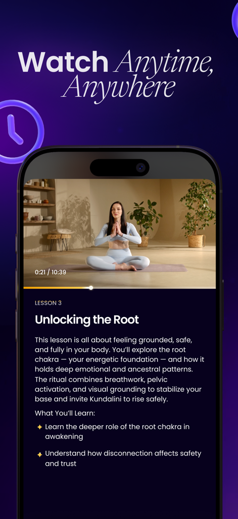 Un smartphone mostrando una lección en video espiritual titulada Desbloqueando la Raíz dentro de la aplicación Spirio