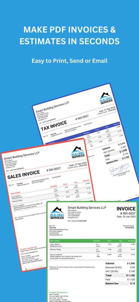 Three professional PDF invoice and estimate templates showcasing business logos and signatures
