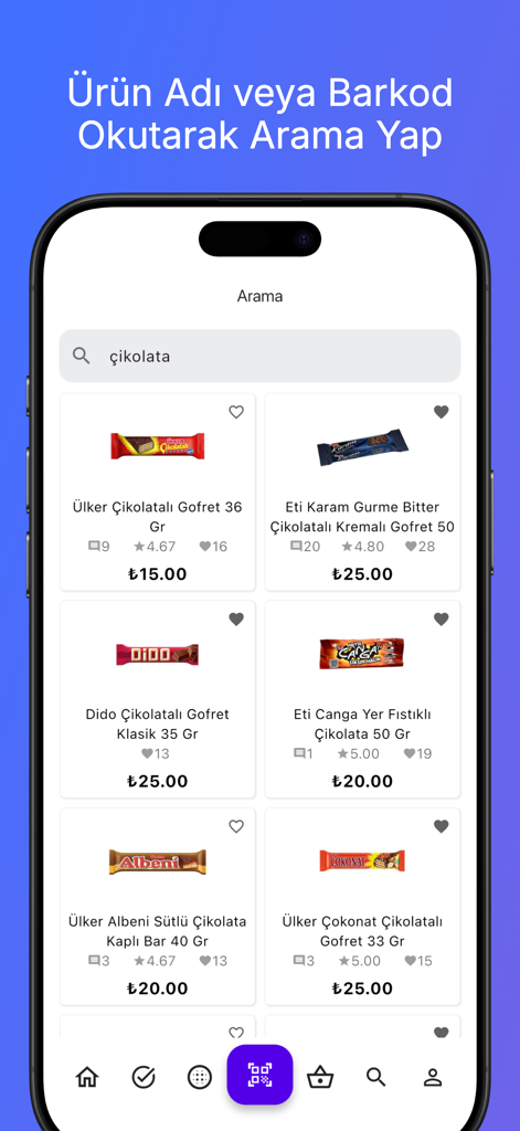 A mobile app screen showing a search for chocolate bars with their respective prices, ratings, and product images.