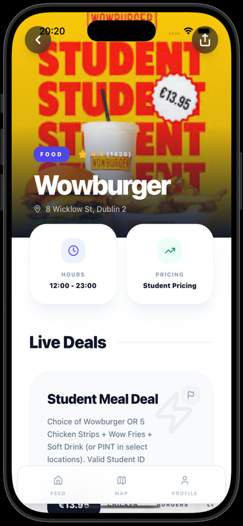 Student City - Offre de réduction étudiant pour Wowburger sur l'application Student City.