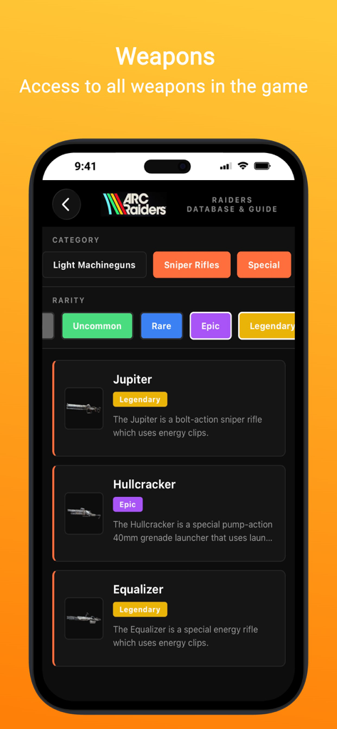 ARC Intel: A Raiders Database - Screenshot of the ARC Intel app showing the weapons database with category and rarity filters for ARC Raiders