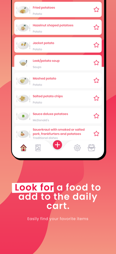 Le Secret Du Poids - Le Secret Du Poidsアプリのインターフェースで、ポテト料理の写真と名前の視覚的なリストを表示し、カロリー追跡を容易にします。