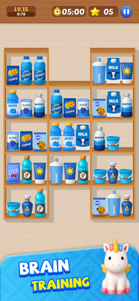 A 3D sorting puzzle game screen showing grocery items on a shelf with a brain training banner and a cute unicorn