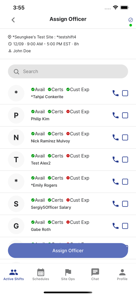 Belfry Security - Belfry Security app screen for assigning officers to shifts with certification and availability status