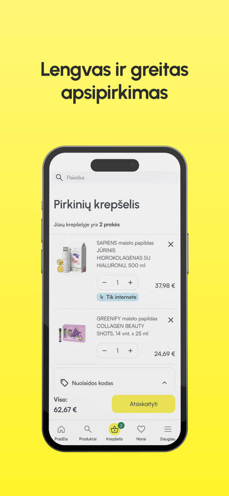 CAMELIA vaistinė - Bildschirm des Einkaufswagens der Camelia Apotheken-Mobil-App mit Nahrungsergänzungsmitteln und Kaufoptionen auf Litauisch.