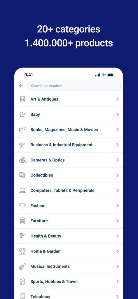 Mobile screen of Vendora app displaying various shopping categories like fashion baby and home decor