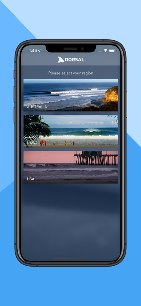 Dorsal Shark Reports app region selection screen showing Australia Hawaii and USA options