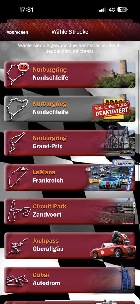 Racing App - Menu de seleção de pista do Racing App mostrando vários circuitos internacionais, incluindo Nürburgring e Le Mans.