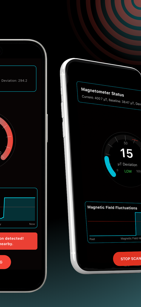Hidden Microphone Detector SM - SpyMic app displaying magnetometer status and magnetic field fluctuations on a smartphone screen