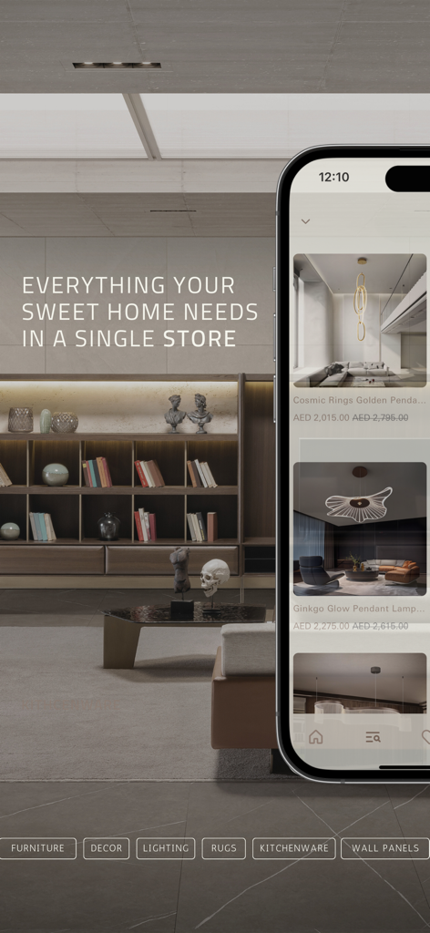 ebarza Furniture UAE - Mobile app interface for ebarza furniture showing luxury home decor and lighting options