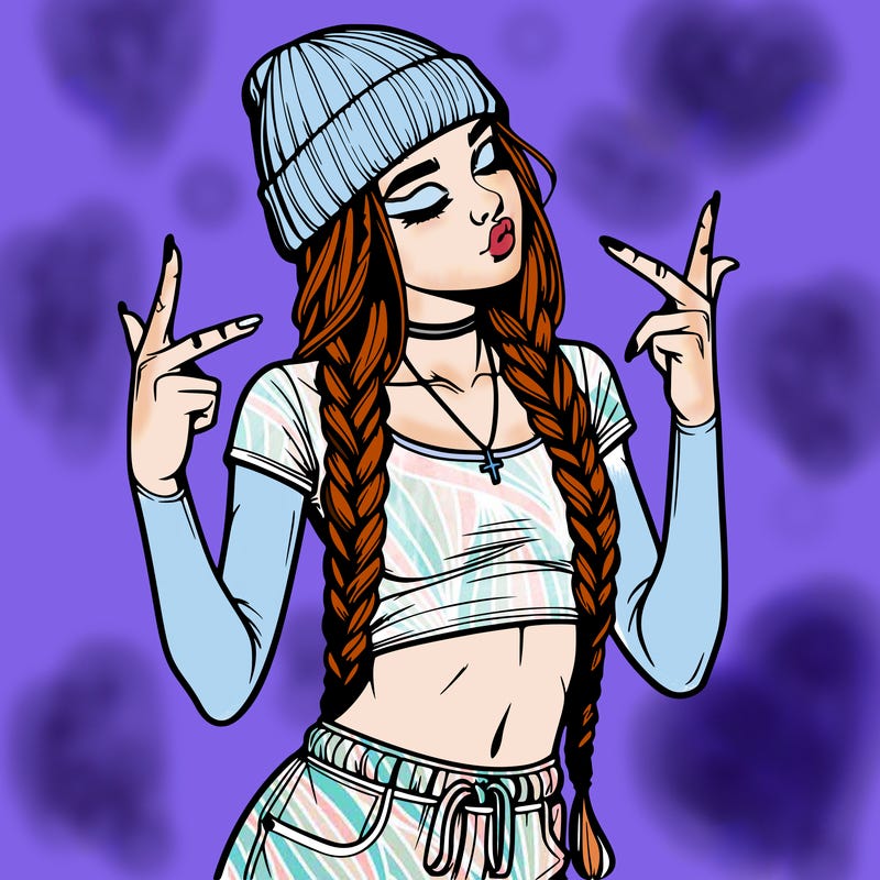 realistic teenage girl with braids and a beanie and crop top doing 🫶🏼
