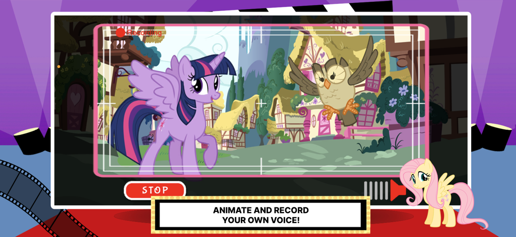My Little Pony: Story Creator - 포니빌에서 트와일라잇 스파클과 부엉이가 등장하며 카메라 녹음 오버레이가 표시된 마이 리틀 포니 스토리 크리에이터 앱의 인터페이스.
