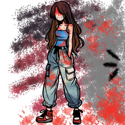 girl in baggy pants crop top and long hair