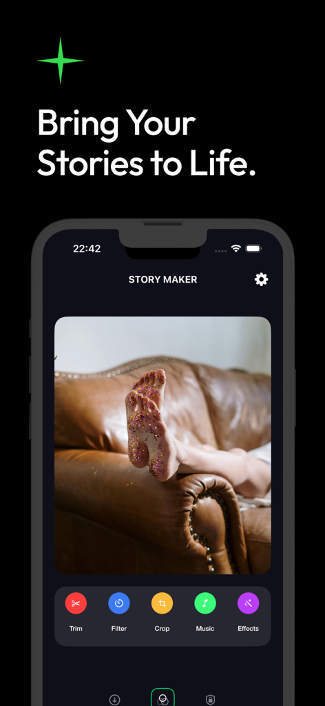 Chat Backup Assistant: Textify - Interfaz del Creador de Historias de la aplicación Textify con herramientas de edición de fotos y efectos multimedia