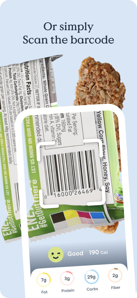 Foodvisor app scanning a barcode on a food package to display calories and macronutrients