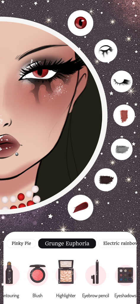 Makeup Studio: Pro Sketchbook - Digital face chart with Grunge Euphoria makeup look and cosmetic product selection menu