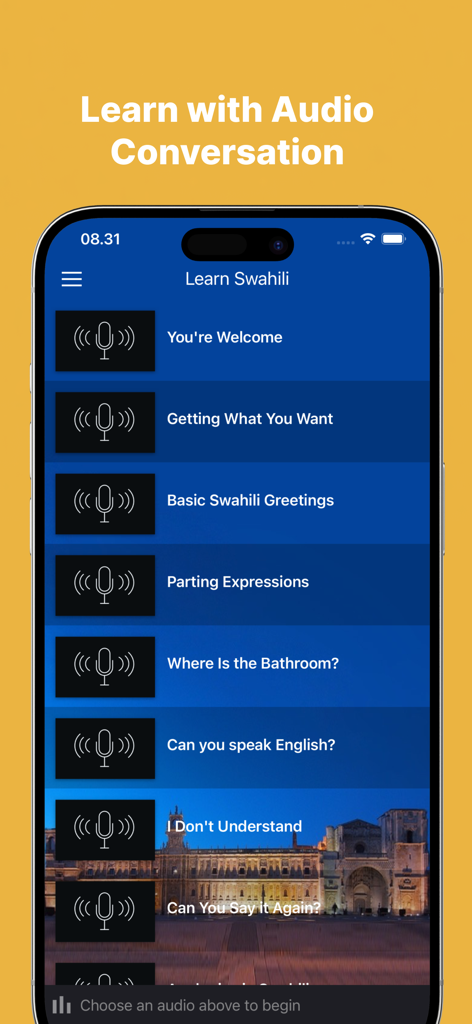 Fast - Learn Swahili Language - Mobile app screen showing a list of Swahili audio lessons for greetings and common conversation phrases