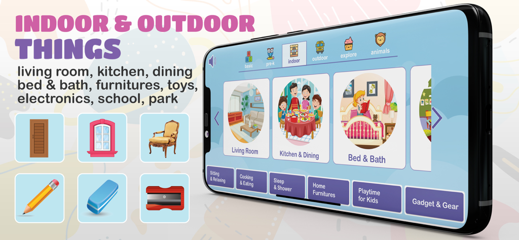Pre-K Preschool Games for Kids - Preschool learning app screen displaying indoor and outdoor vocabulary categories for toddlers