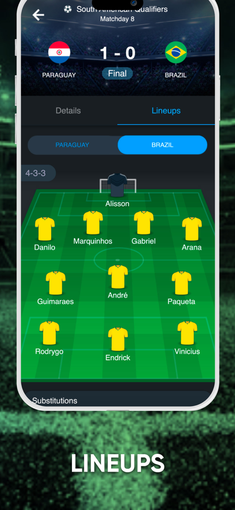 South American Qualifiers - Interfaz de una aplicación de fútbol que muestra la formación inicial de la selección nacional de Brasil para un partido de eliminatorias.