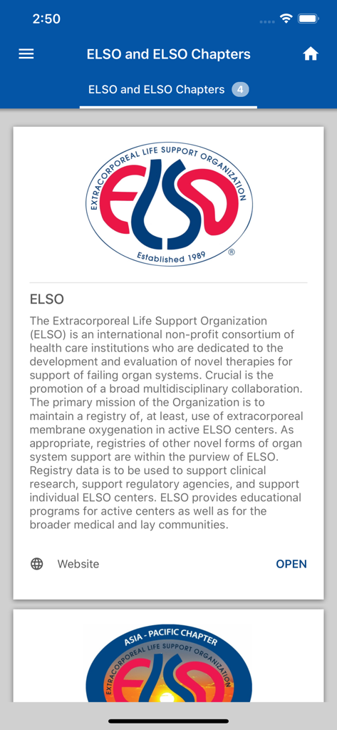 Interface do aplicativo móvel EuroELSO mostrando detalhes da organização ELSO e a seção de capítulos regionais.