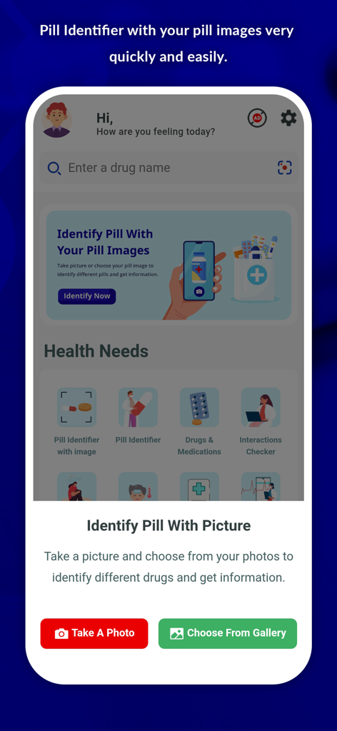 Pill Identifier - Pro - A screenshot of the Pill Identifier Pro app interface with options to identify pills by taking a photo or uploading an image.