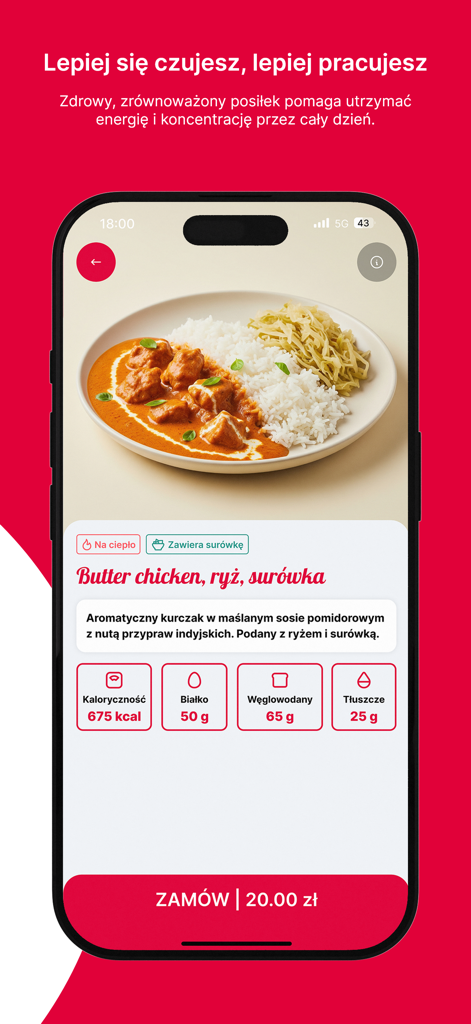 Smartphone screen of the Posilek plus app showing a healthy butter chicken dish with nutritional information and price