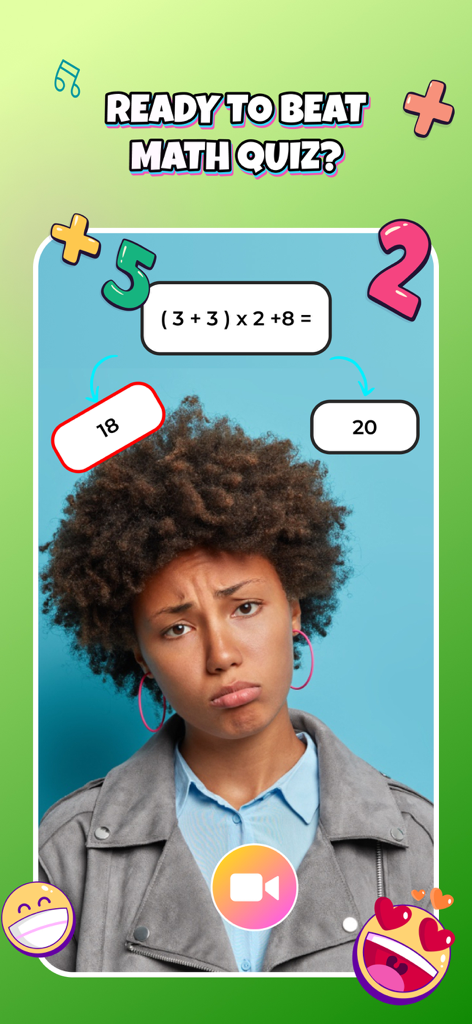 A young woman using a math quiz AR filter with two choice options.