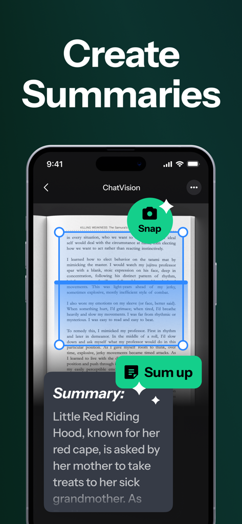 ChatVision - AI Chatbot Expert - ChatVision app screen illustrating AI document scanning and summarization feature