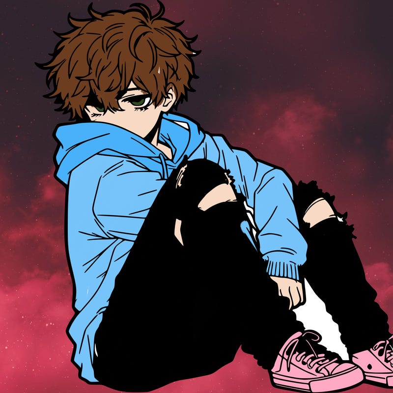 a male hoddie ripped jeans messy hair anime