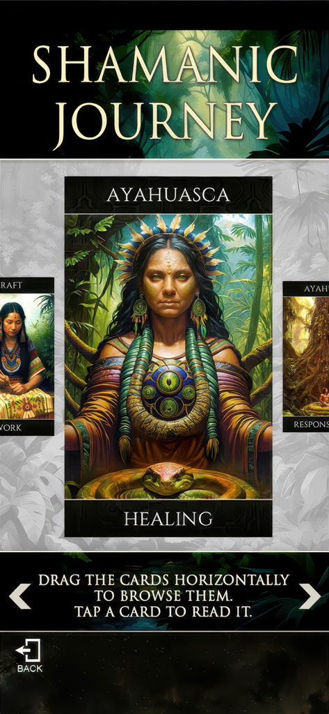 Shamanic Oracle Cards - Karte Ayahuasca-Heilung aus dem Schamanische Reise Orakel-Deck mit einer spirituellen Illustration einer Frau in einem Dschungel