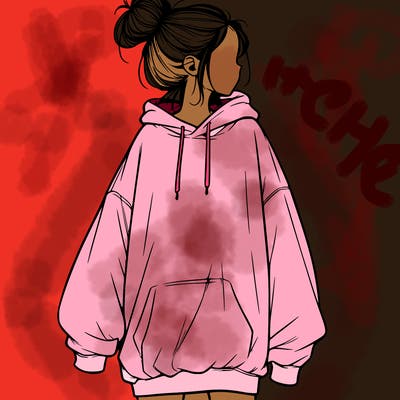 realistic girl with a oversized sweatshirt on and a bun