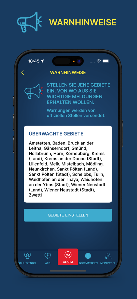 Emergency alerts screen in the Rettung app showing monitored regions in Austria
