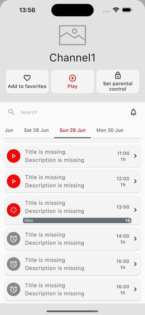 Interface de l'application OttPlayertv montrant un guide des programmes et un calendrier des chaînes