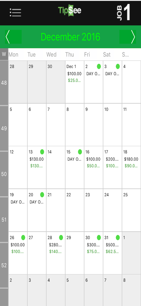 TipSee Tip Tracker App - Calendar interface of the TipSee app showing daily tip earnings and marked days off.