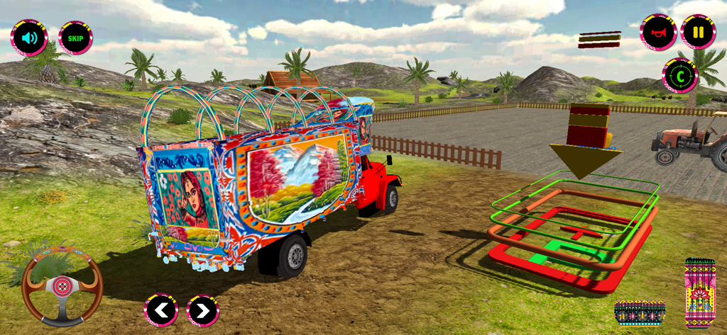 Gameplay of a vibrantly decorated Indian lorry truck in a 3D offroad driving simulator