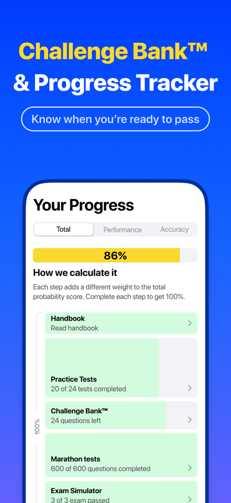 DMV Genie: Permit Test 2026 - DMV Genieアプリのインターフェースには、完了率86％と州固有のテストカテゴリが表示された進捗トラッカーが表示されています